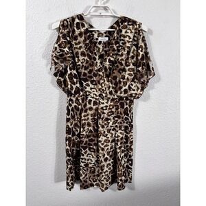 Calvin Klein Sheath Dress Womens M Brown Leopard Print Flutter Sleeve